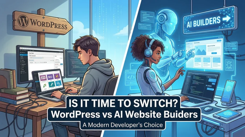 shows a developer using worpress and a mordern dev using AI