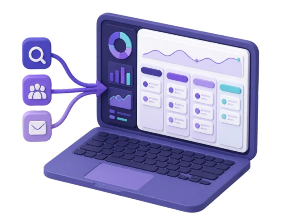 B2B marketing services: lead generation channels feeding a CRM pipeline on a laptop